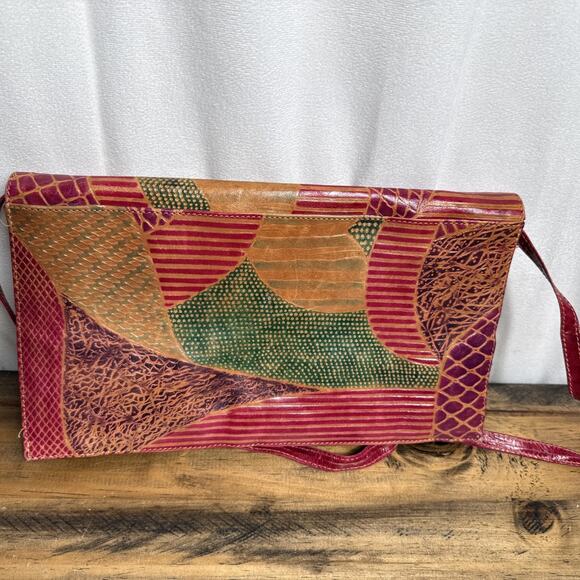 Vintage Leather Patchwork Clutch Envelope Purse Made In India 1980s 1970s Boho - Picture 3 of 9